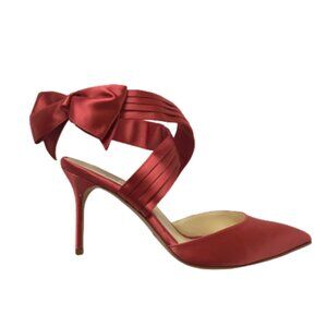 NWOB Sarah Flint Ankle Bow Wrap Heels Womens 37.5 7.5 Salmon Pink Pointed Toe